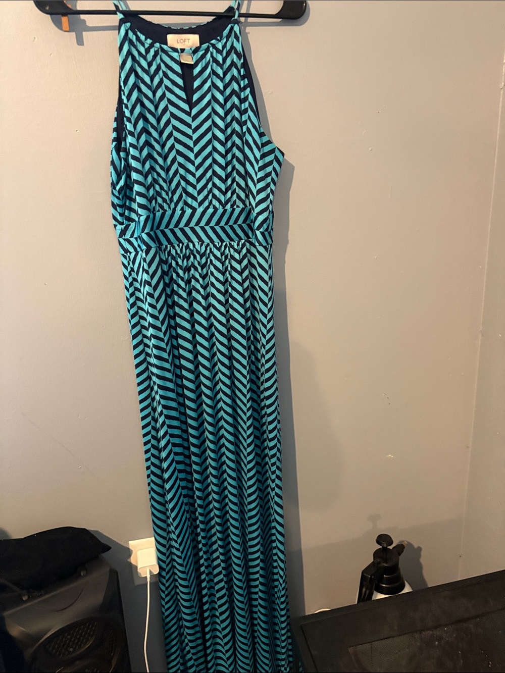 LOFT Teal and Navy Chevron Halter Maxi Dress